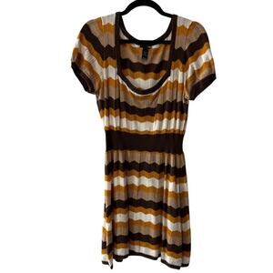 H&M Chevron Striped Short Sleeve Pointelle Knit Dress Brown Multicolor Size M